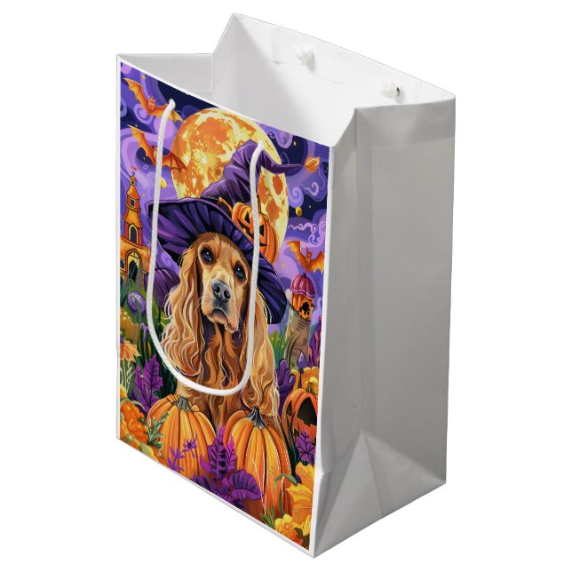 Sac Cadeau Moyen Éffrayant Cocker Spaniel Dog Halloween Witch Citro (Devant Angle)