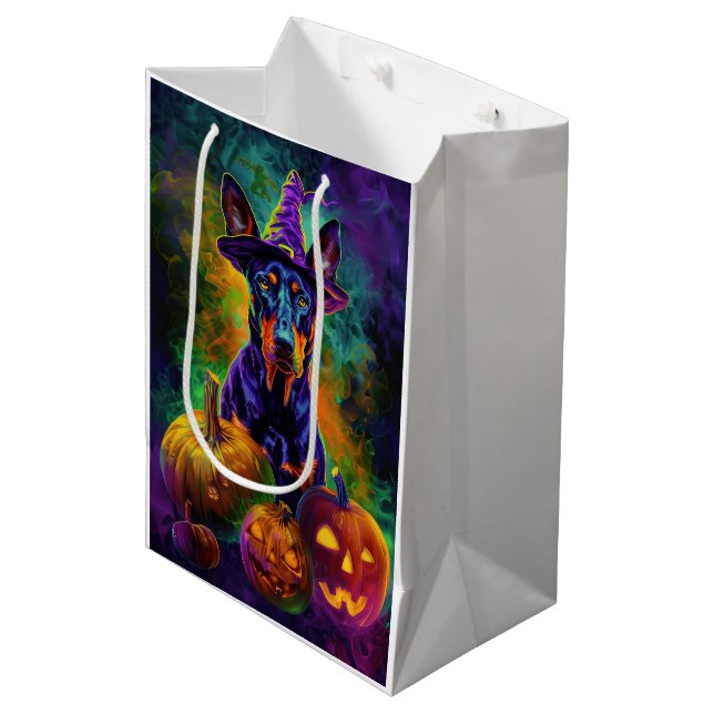 Sac Cadeau Moyen Éffrayant Doberman Chien Halloween sorcière et Cit (Devant Angle)