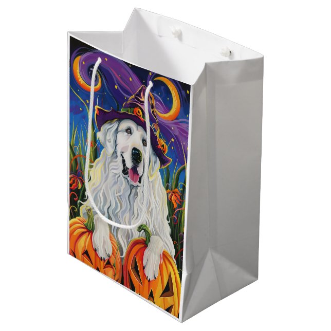 Sac Cadeau Moyen Éffrayant Grand Pyrénées Chien Halloween Citrouill (Devant Angle)