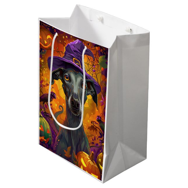 Sac Cadeau Moyen Éffrayant Greyhound Chien Halloween sorcière et Ci (Devant Angle)