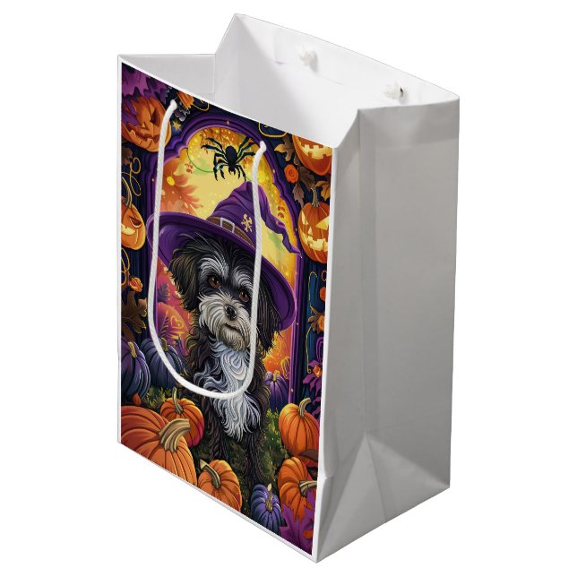 Sac Cadeau Moyen Éffrayant Havanais Chien Halloween sorcière et Cit (Devant Angle)