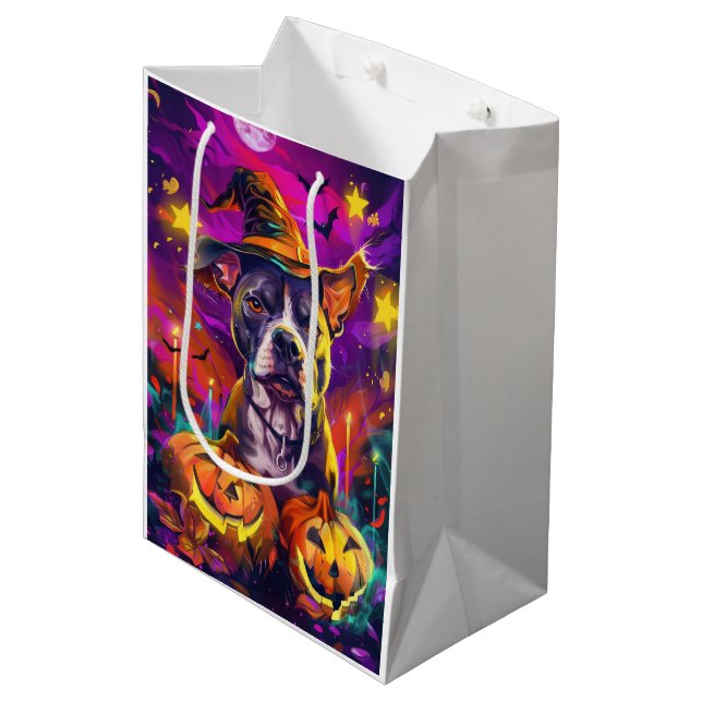 Sac Cadeau Moyen Éffrayant Pitbull Chien Halloween sorcière et Citr (Devant Angle)