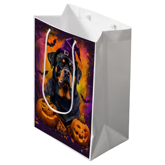 Sac Cadeau Moyen Éffrayant Rottweiler Chien Halloween sorcière et C (Devant Angle)