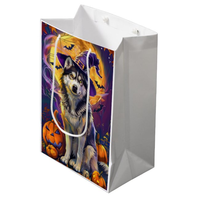 Sac Cadeau Moyen Éffrayant Sibérie Husky Chien Halloween Citrouille (Devant Angle)