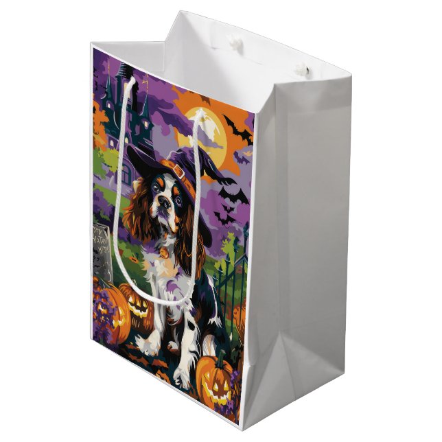 Sac Cadeau Moyen Éffrayant Springer Spaniel Halloween Witch Citroui (Devant Angle)