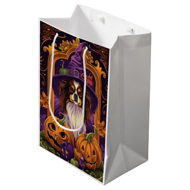 Sac Cadeau Moyen Éffrayant Tibétain Espagnol Chien Halloween Citrou (Devant Angle)