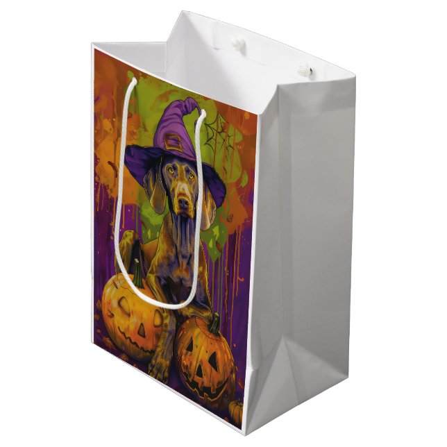 Sac Cadeau Moyen Éffrayant Weimaraner Chien Halloween sorcière et C (Devant Angle)