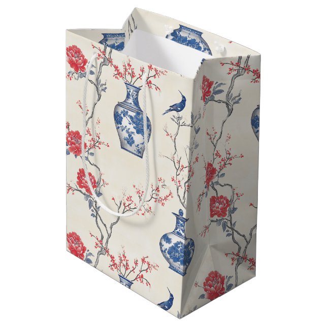 Sac Cadeau Moyen Elégance orientale : Porcelaine bleue et fleurs (Dos Angle)