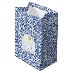 Sac Cadeau Moyen Elégant Arc Lemons Carreaux Bleus Mariage Bienvenu
