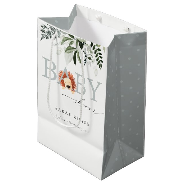 Sac Cadeau Moyen Élégant Baby shower Pastel Cute Lion Foliage (Devant Angle)