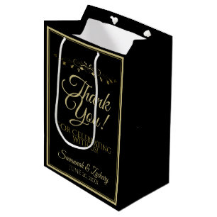 Sac Cadeau Moyen Elegant Black & Gold Filigree Wedding Thank You