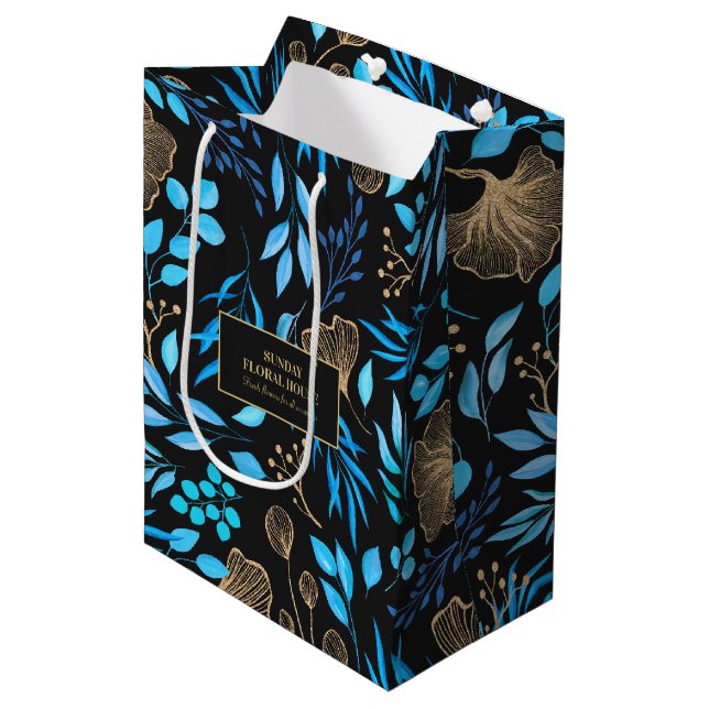 Sac Cadeau Moyen Élégant Black Gold Ginkgo Floral Business (Devant Angle)