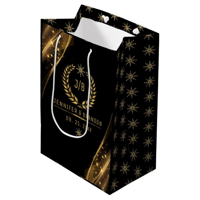 Sac Cadeau Moyen Elégant Black Gold Laurel Treat Design festif (Devant Angle)