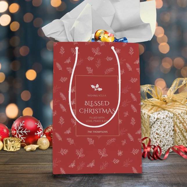 Sac Cadeau Moyen Élégant blanc Feuilles d'hiver Mistletoe rouge (Créateur téléchargé)