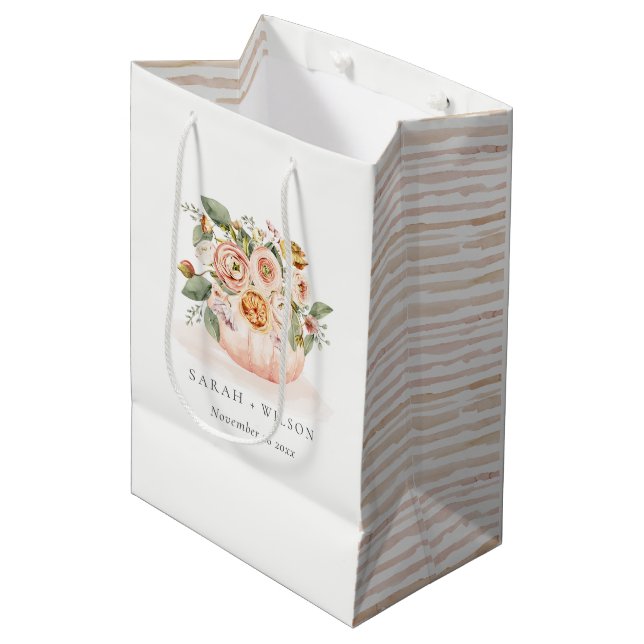 Sac Cadeau Moyen Élégant blanc rose rose Citrouille Mariage floral (Devant Angle)