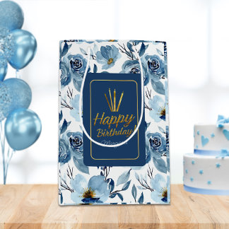 Sac Cadeau Moyen Elégant bleu bleu floral blanc joyeux anniversaire
