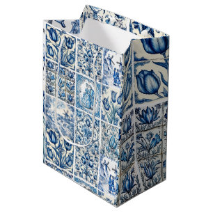 Sac Cadeau Moyen Elégant Bleu Pays toile fleurie