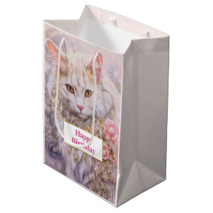 Sac Cadeau Moyen Élégant chat blanc en or et diamants Anniversaire