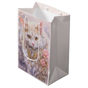 Sac Cadeau Moyen Élégant chat blanc en or et diamants Anniversaire