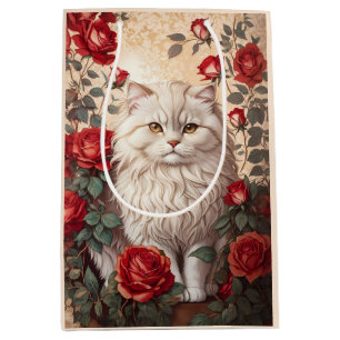 Sac Cadeau Moyen Élégant Chat Perse Vintage Avec Rose