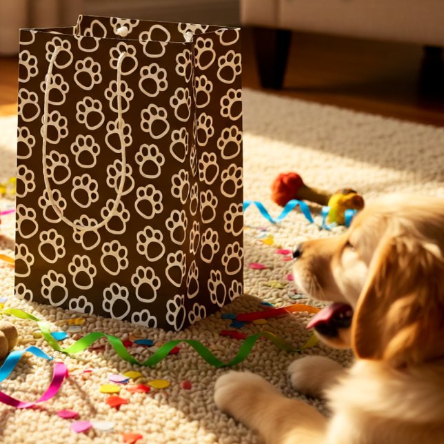 Sac Cadeau Moyen Elégant chien pattes de animal de compagnie brun (Warm Brown Paw Print for Dog Lovers Medium Gift Bag)