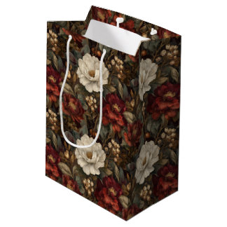 Sac Cadeau Moyen Elegant Christmas Red and Winter White Floral