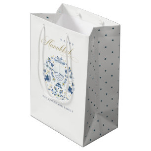 Sac Cadeau Moyen Elégant Classy Navy Blue Happy Hanoukka Floral