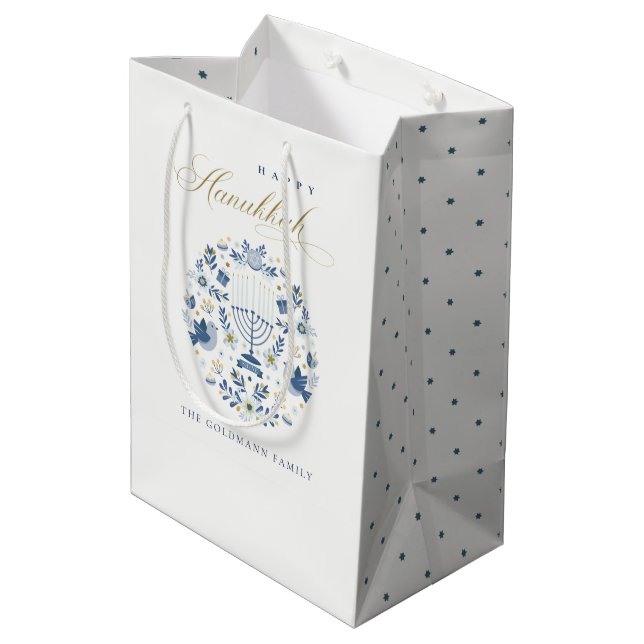 Sac Cadeau Moyen Elégant Classy Navy Blue Happy Hanoukka Floral (Dos Angle)