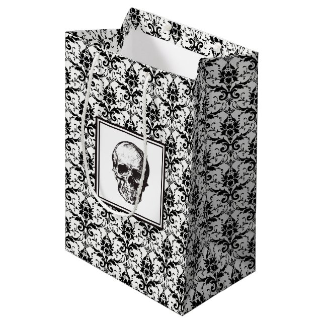 Sac Cadeau Moyen Élégant crâne noir et blanc Damas (Devant Angle)