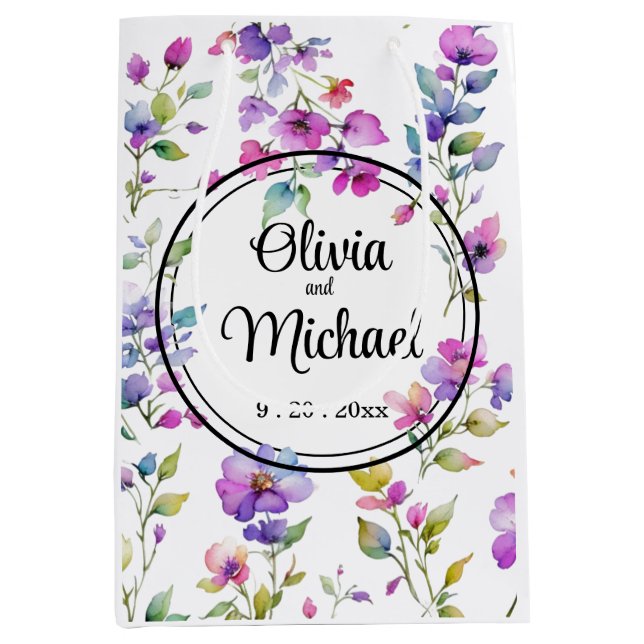 Sac Cadeau Moyen Élégant fleurs sauvages d'aquarelle rose violet (Devant)