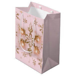 Sac Cadeau Moyen Élégant flocon de neige de Noël Pink Gold