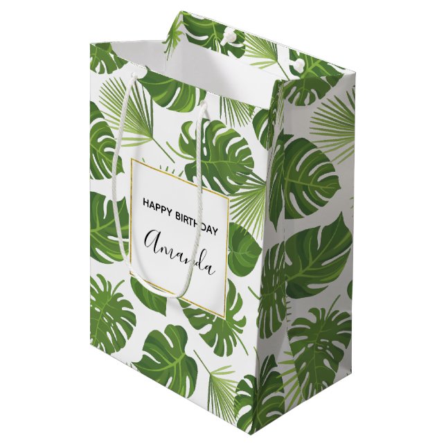 Sac Cadeau Moyen Elégant Green Tropical Feuille Motif Anniversaire (Devant Angle)