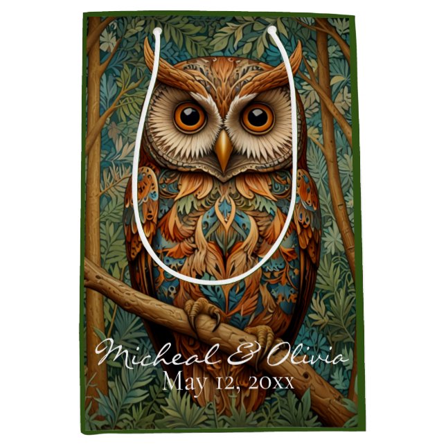 Sac Cadeau Moyen Élégant hibou rétro boho bohème bohème forêt verte (Devant)