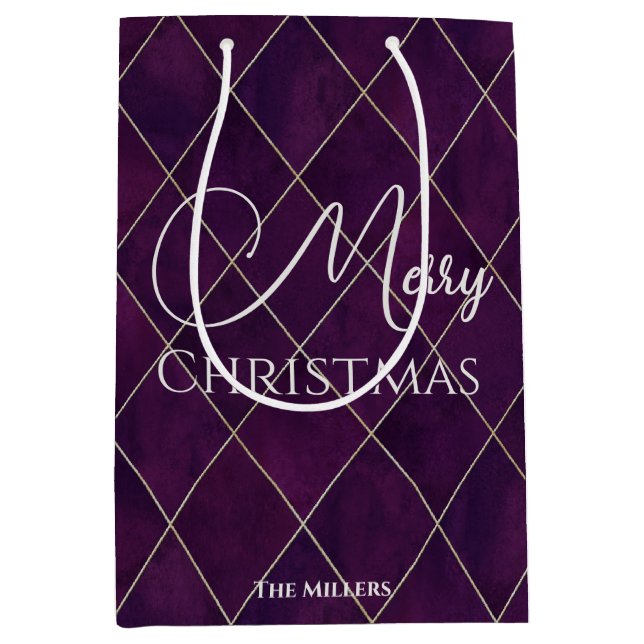 Sac Cadeau Moyen Élégant Jacquard foncé violet Motif Joyeux Noël (Devant)