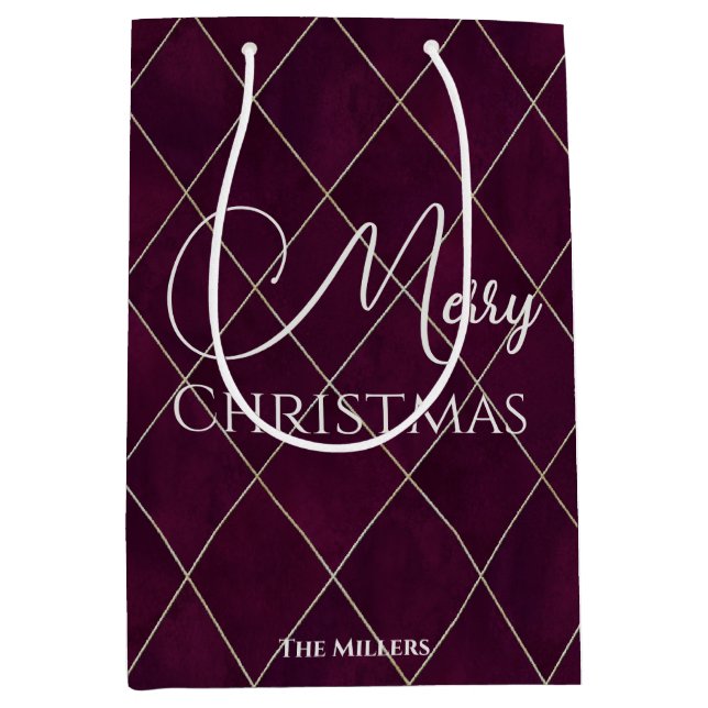 Sac Cadeau Moyen Élégant Jacquard Maroon Motif Joyeux Noël (Devant)