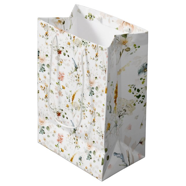 Sac Cadeau Moyen Elégant jardin Fleur sauvage aquarelle (Devant Angle)