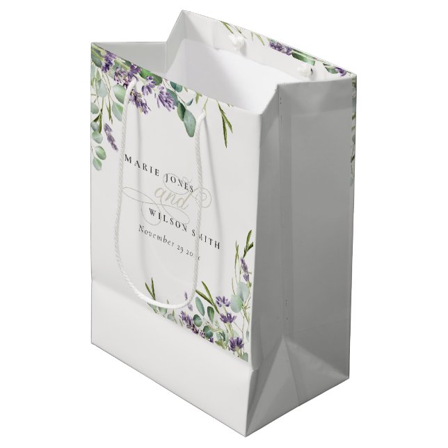 Sac Cadeau Moyen Élégant Lavande Eucalyptus Mariage de feuillage fe (Devant Angle)