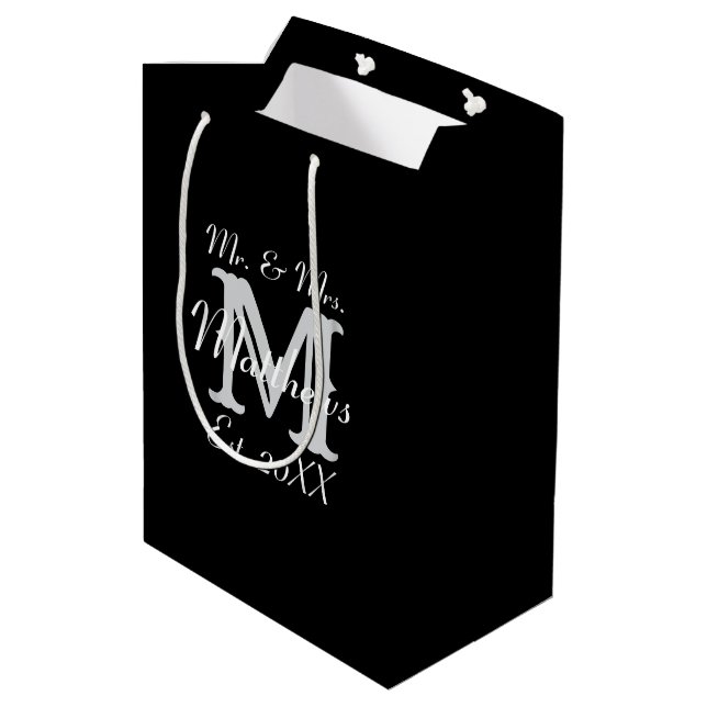 Sac Cadeau Moyen Elégant M. et Mme Newlyhed Typographie Noire (Dos Angle)