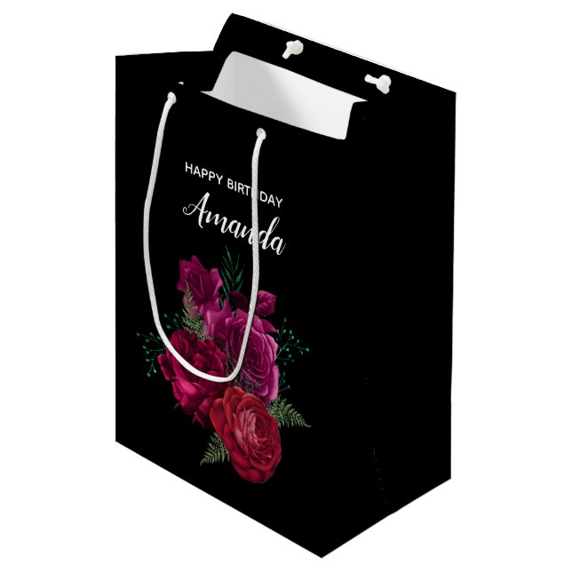 Sac Cadeau Moyen Elégant Magenta Rose Bouquet floral Anniversaire (Devant Angle)