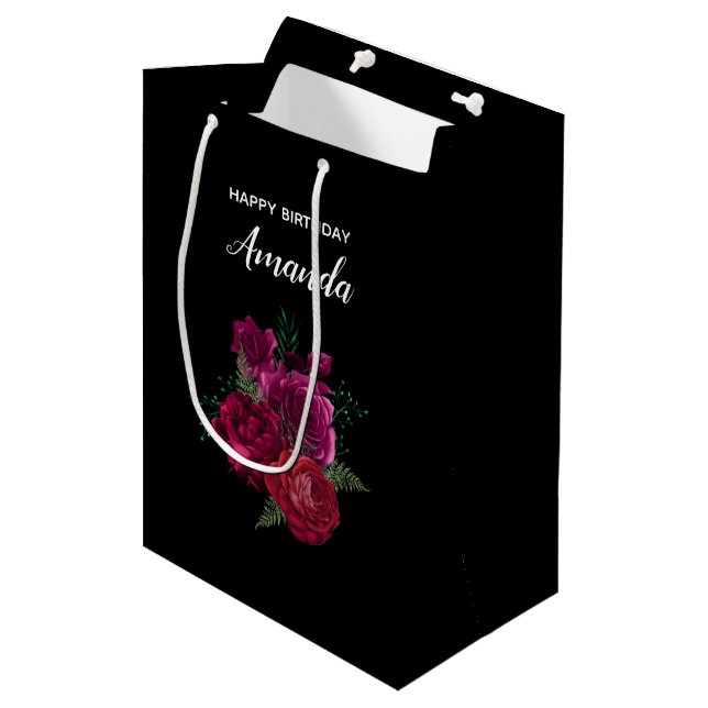 Sac Cadeau Moyen Elégant Magenta Rose Bouquet floral Anniversaire (Devant Angle)