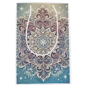 Sac Cadeau Moyen Élégant Mandala de flocon de neige en teintes givr