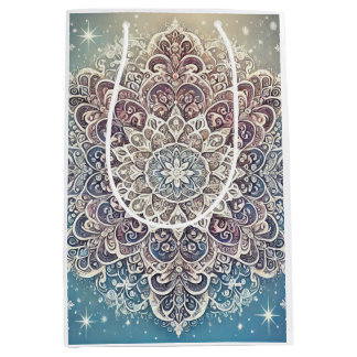 Sac Cadeau Moyen Élégant Mandala de flocon de neige en teintes givr