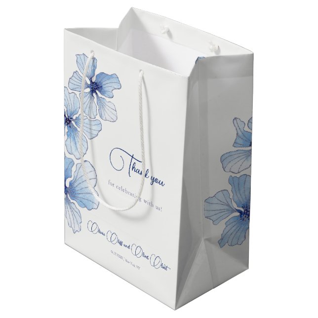 Sac Cadeau Moyen Élégant Mariage de fleurs bleues (Dos Angle)
