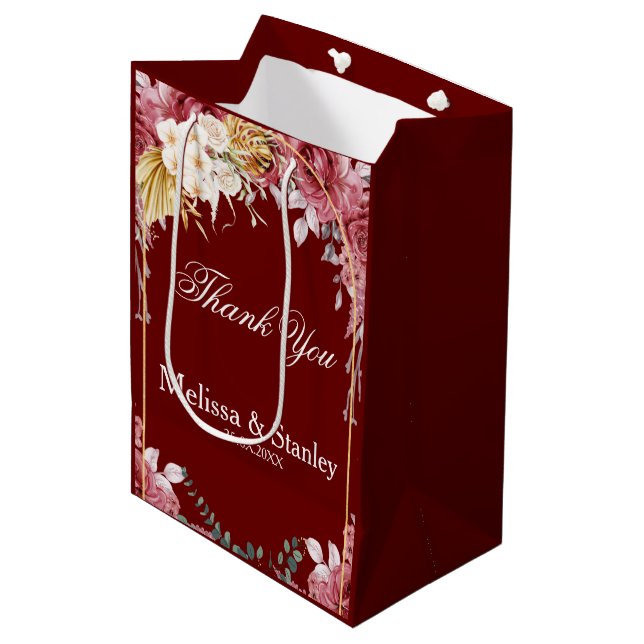 Sac Cadeau Moyen Élégant Mariage d'Eucalyptus Or Bourgogne Floral (Devant Angle)