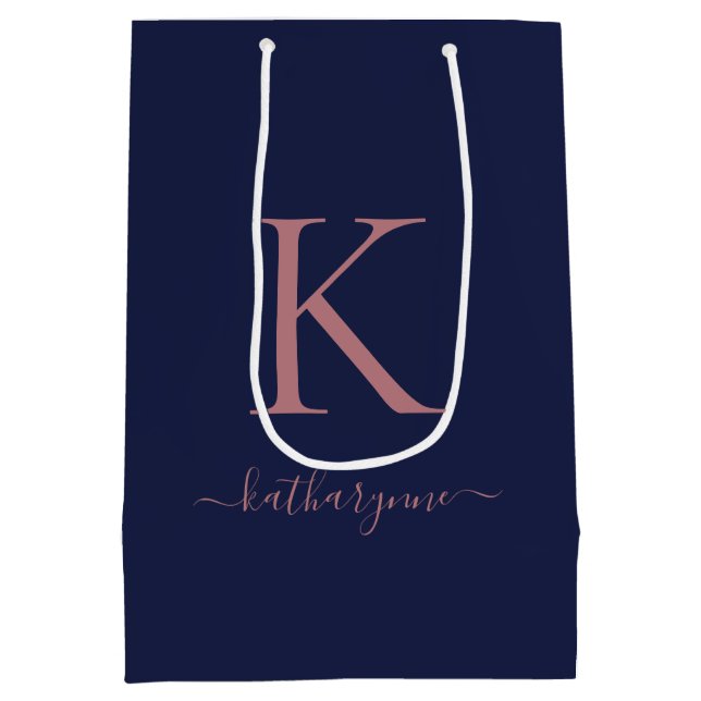 Sac Cadeau Moyen Élégant Marine Blue Rose Rose Gold Monogramme Nom (Dos)