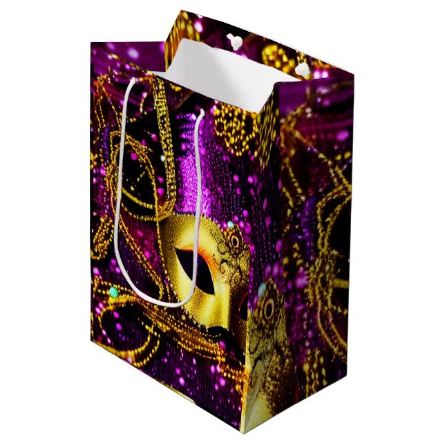 Sac Cadeau Moyen Elégant Masque Or (Devant Angle)