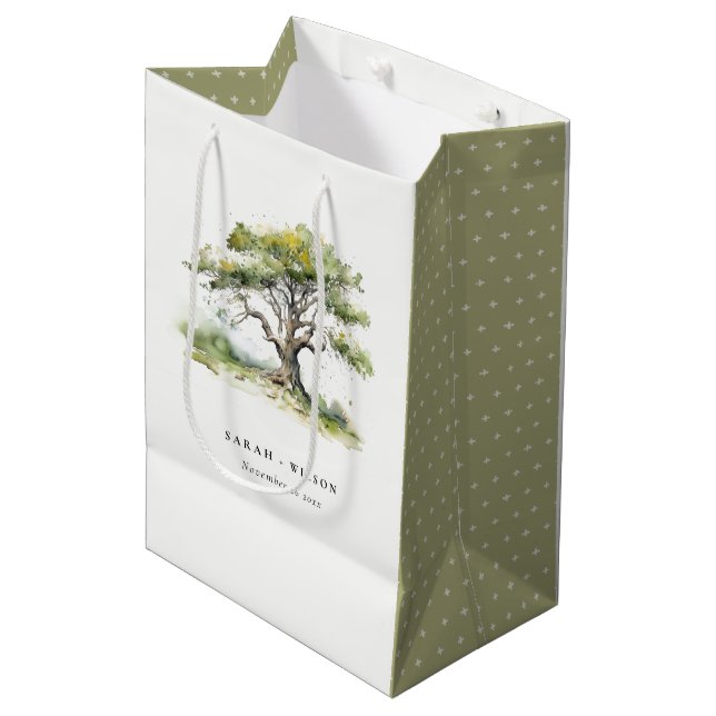Sac Cadeau Moyen Elégant minimal vert aquarelle Mariage chêne arbre (Devant Angle)