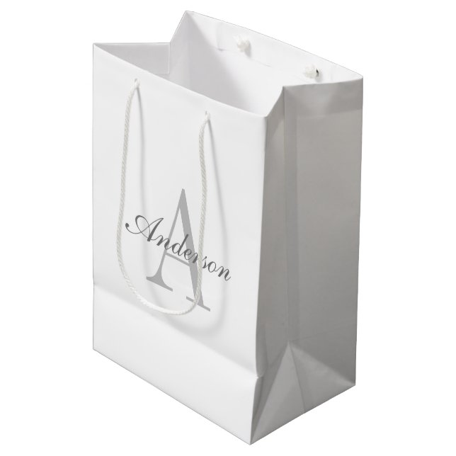 Sac Cadeau Moyen Élégant Monogramme blanc et gris (Devant Angle)