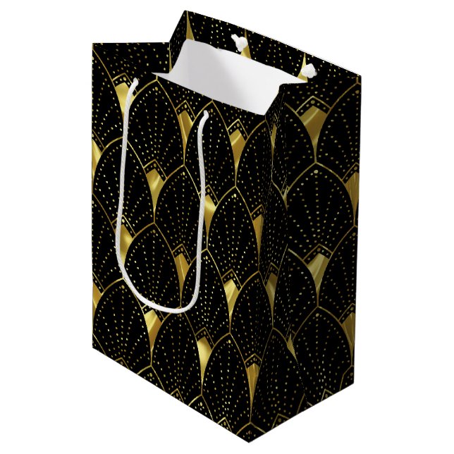 Sac Cadeau Moyen Elégant Motif Art Déco Or brillant sur Noir (Devant Angle)