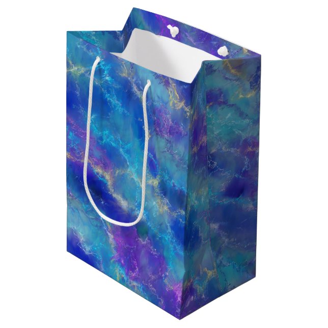 Sac Cadeau Moyen Elégant Motif en marbre bleu, violet et or (Devant Angle)